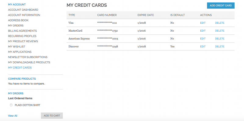Magento managecards